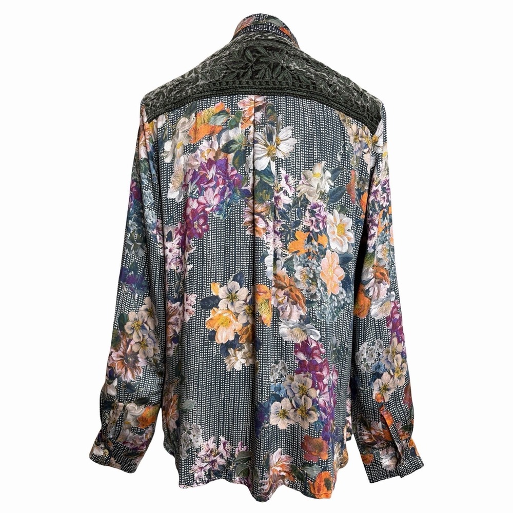 Johnny Was Silk Blend Top S Green Purple Floral Velvet Whimsigoth Boho Shirt - Picture 5 of 13